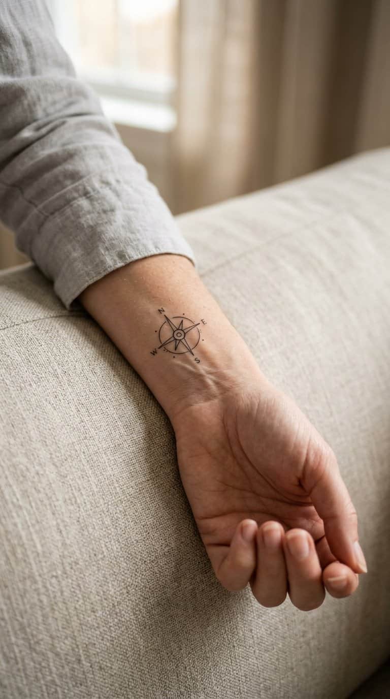 A small compass tattoo on a woman’s inner wrist.