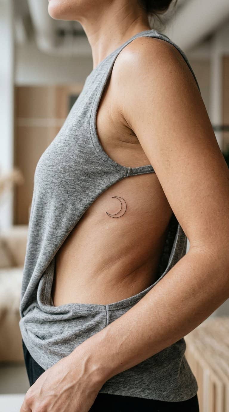 Close-up of a small crescent moon tattoo partially concealed beneath the edge of a sleeveless top on a person’s side torso.