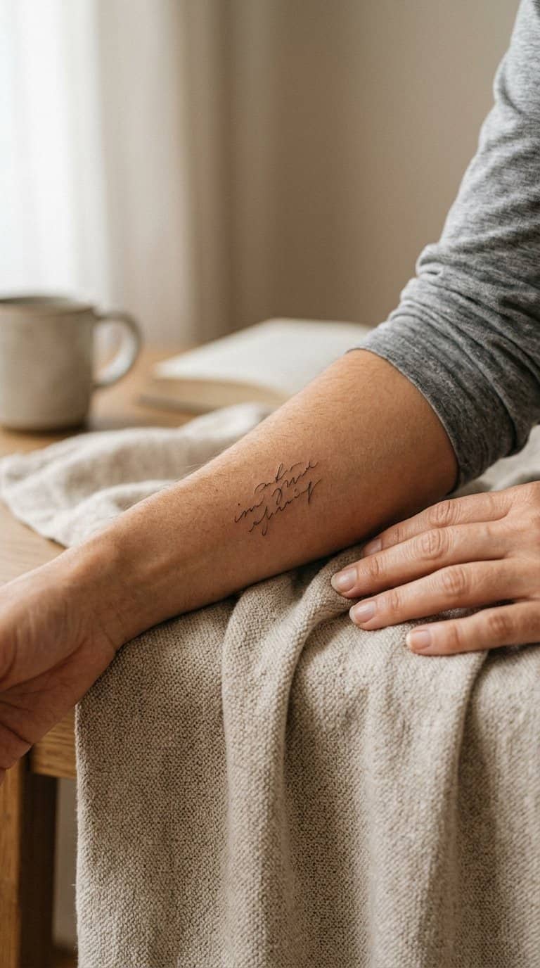 Close-up of a woman’s forearm with a tiny delicate tattoo.
