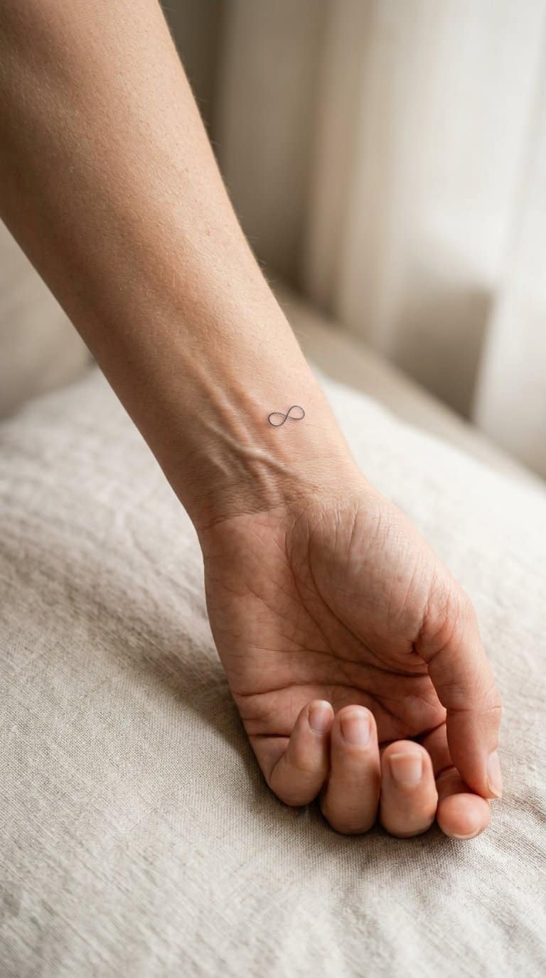 A woman’s wrist with a small infinity symbol tattoo.