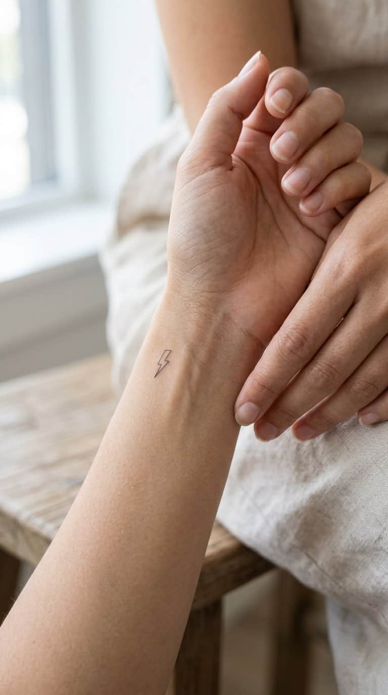 A close-up of a wrist with a tiny lightning bolt tattoo.