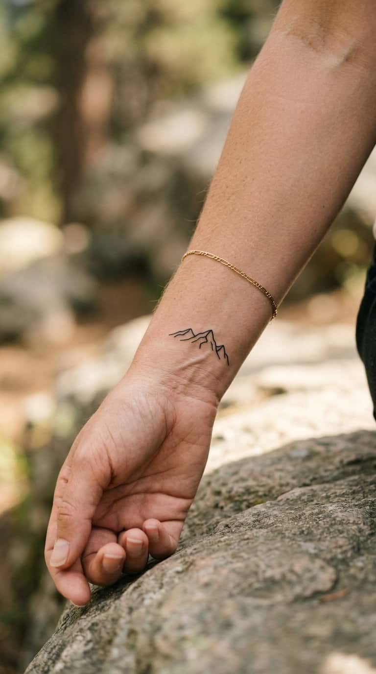 Close-up of a woman’s wrist showing a small minimalist mountain tattoo.