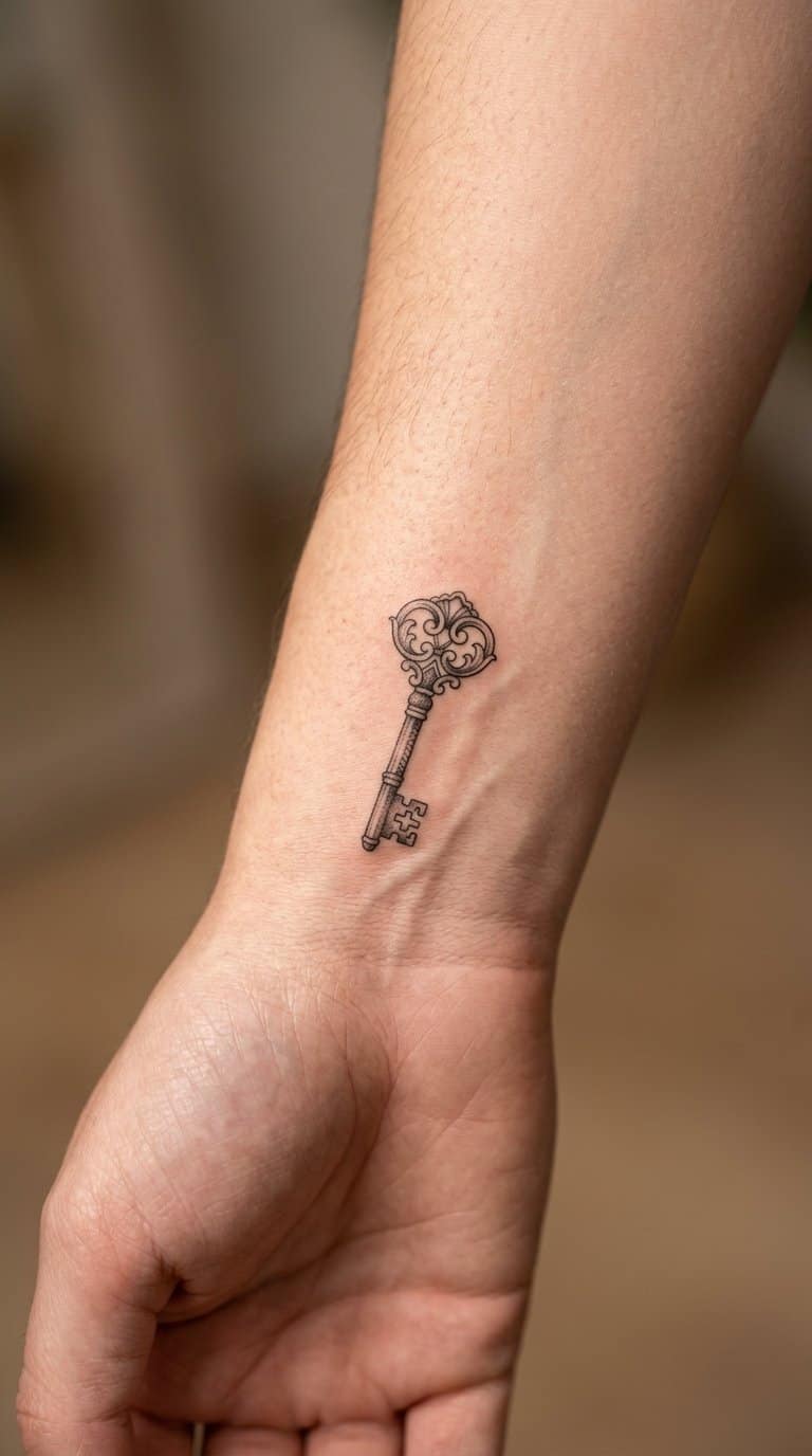 A small ornamental key tattoo on natural skin.