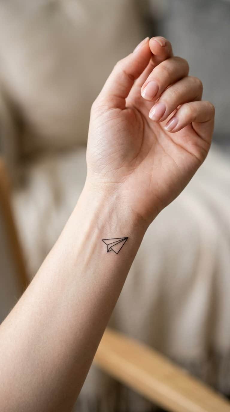A close-up of a wrist with a small paper airplane tattoo.