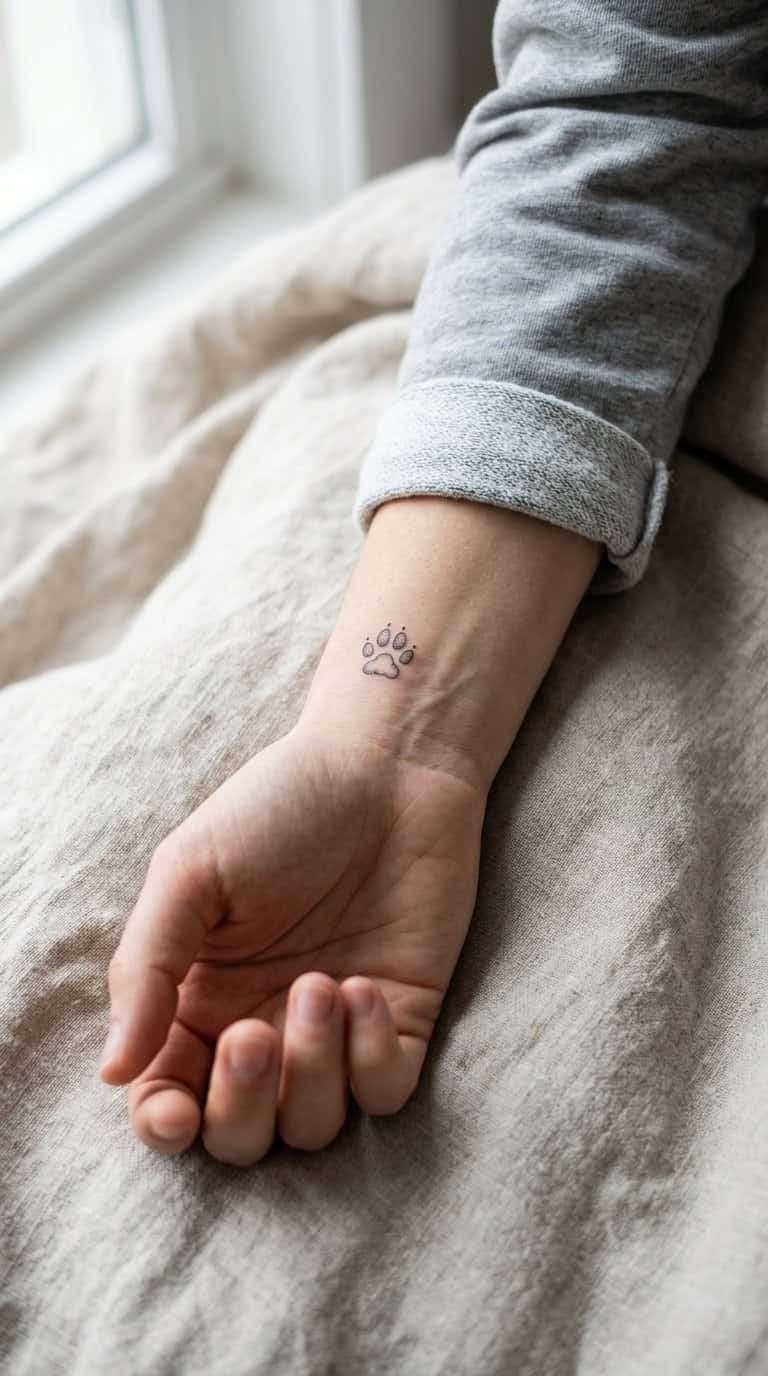 Close-up of a forearm with a small paw print tattoo.