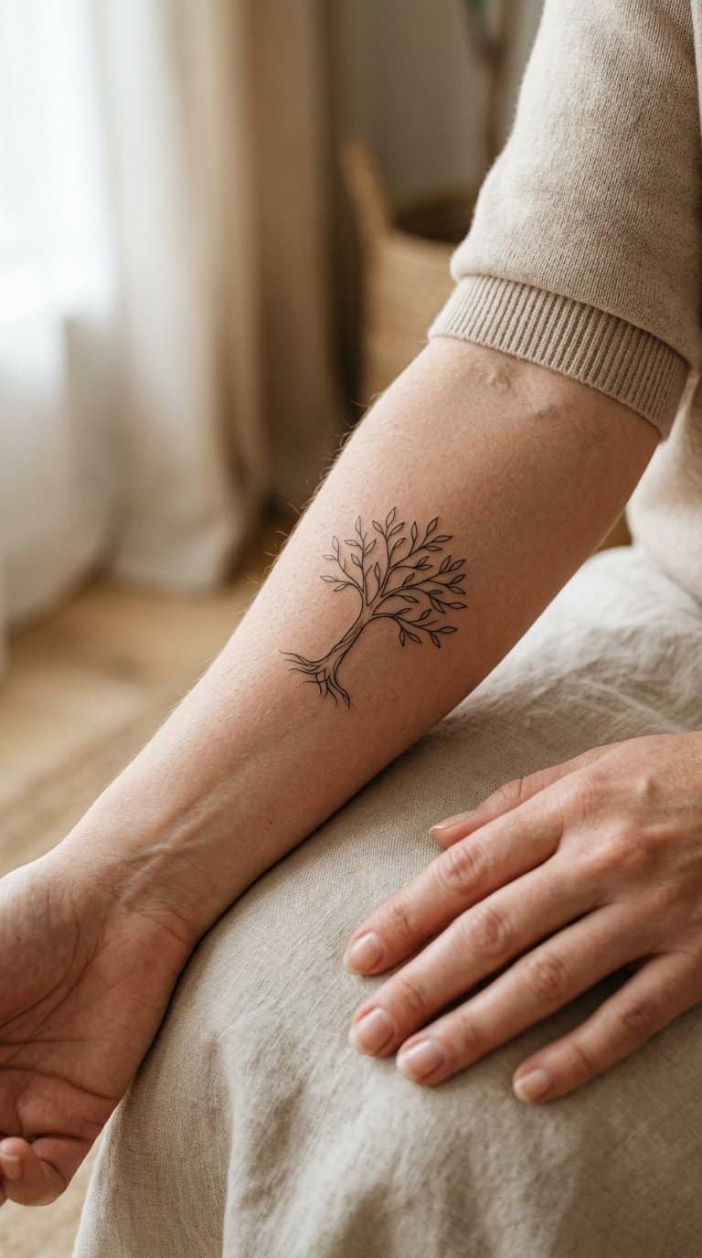 A small tree tattoo is visible on a woman's inner forearm.