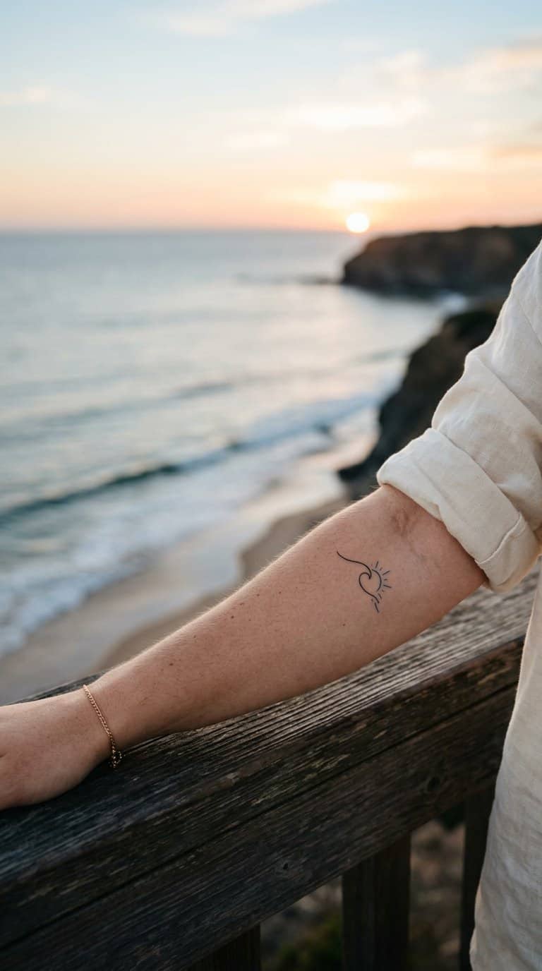 A woman's forearm with a small wave and sun tattoo beside a calm ocean.
