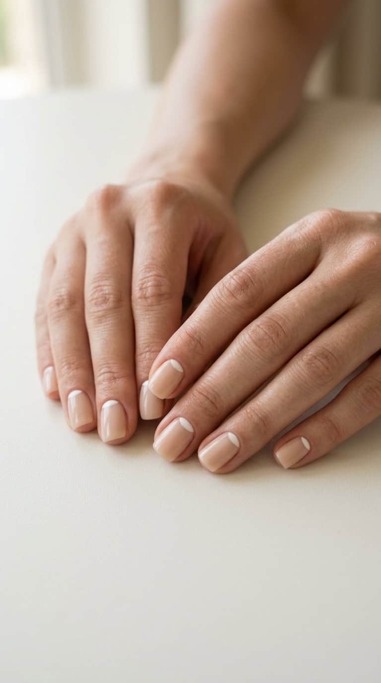 A close-up of neatly manicured nails with tiny white crescent accents near the cuticles.