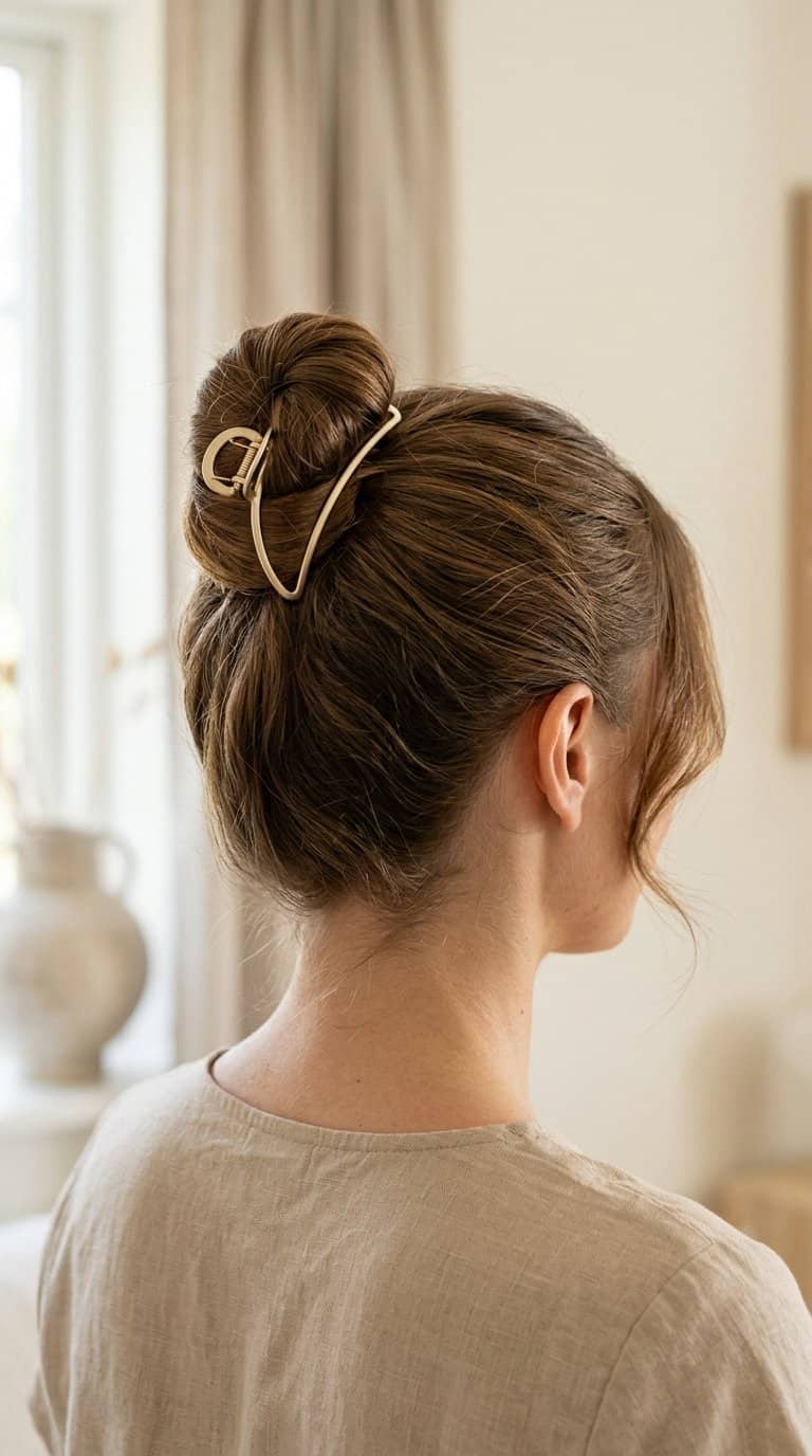 Woman wearing a high top knot secured with a slim claw clip.