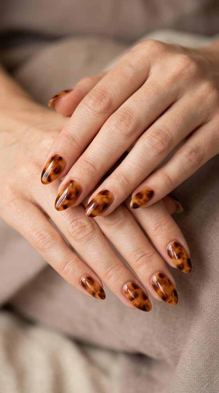 A close-up of hands with glossy tortoiseshell almond-shaped nails in warm brown and amber tones.