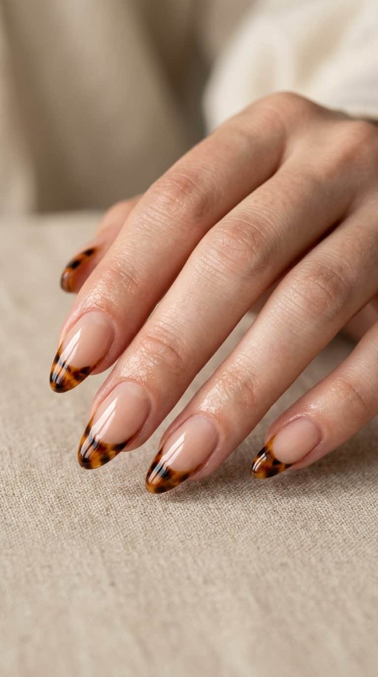 Close-up of a hand with glossy almond-shaped nails featuring tortoiseshell and caramel French tips.