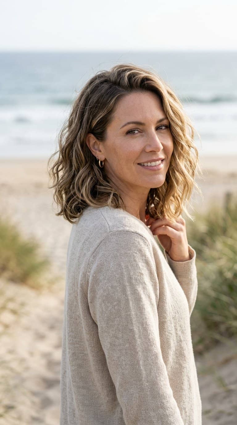Woman with shoulder-length wavy hair standing near a beach.