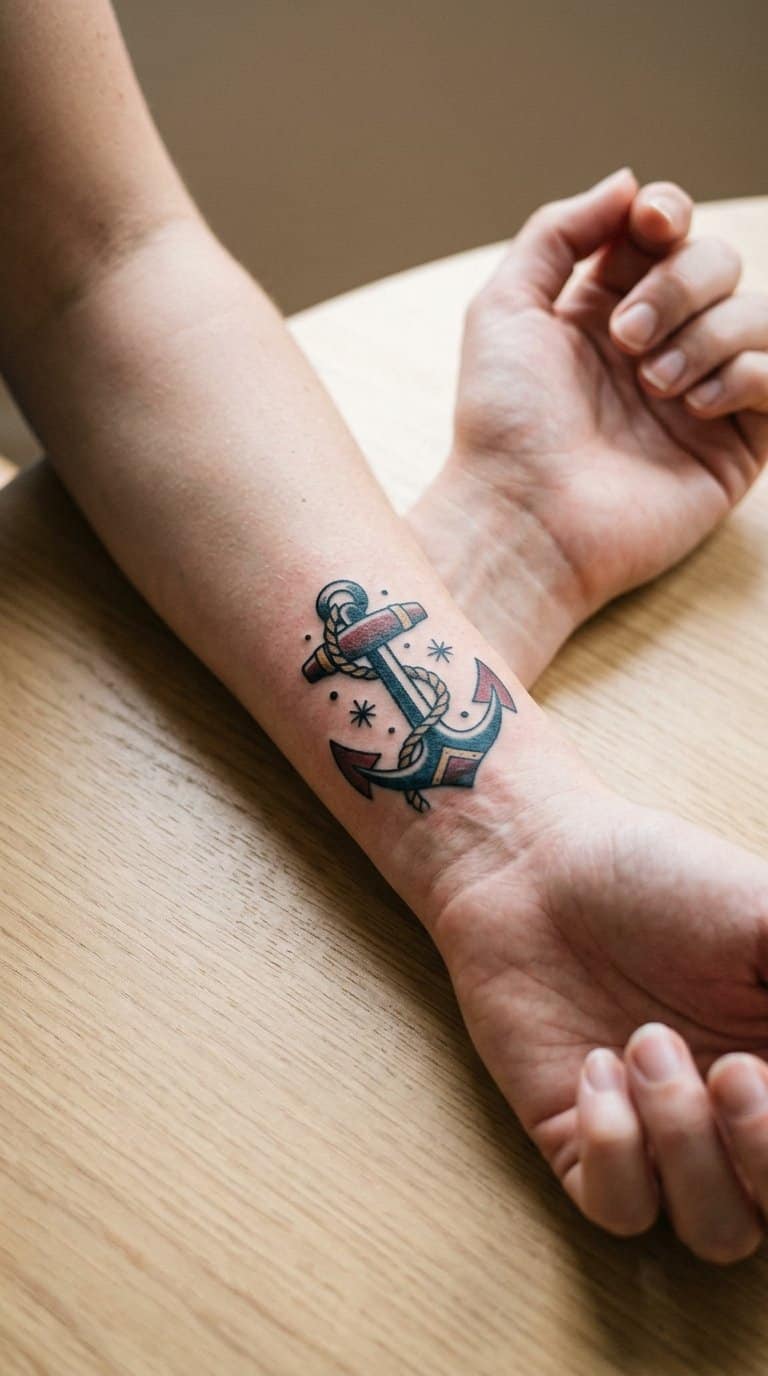 A close-up of a wrist with a traditional anchor tattoo.
