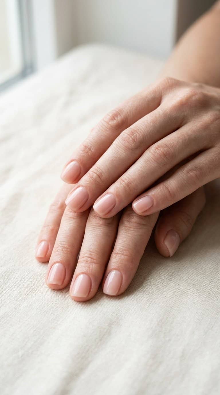 Hands with short nails painted a sheer translucent blush-pink polish resting on a light neutral surface.