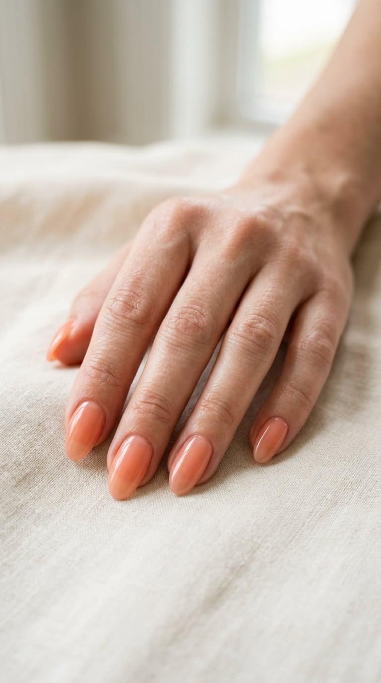A hand displaying glossy translucent peach-colored jelly nails.
