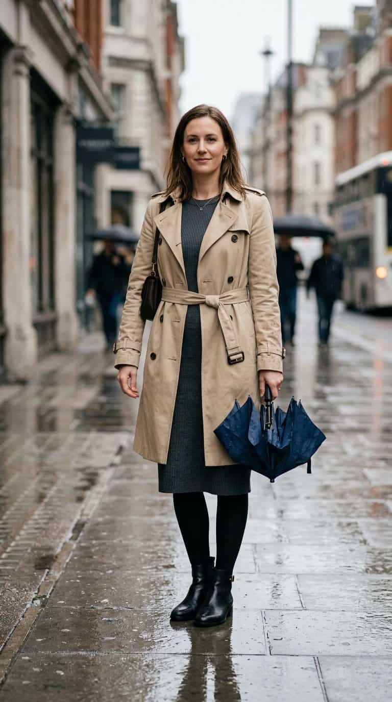 A woman in a beige trench coat over a gray sweater dress stands on a wet city sidewalk in the rain.