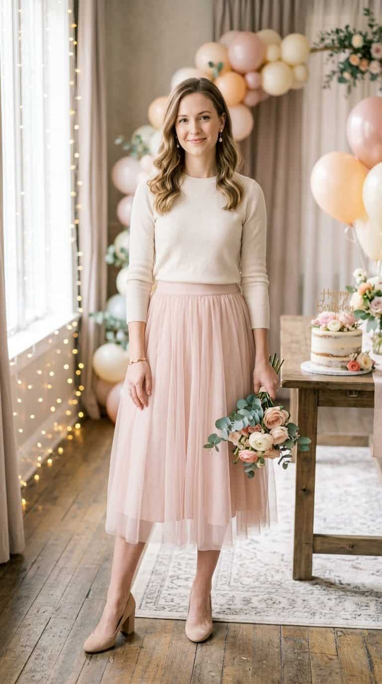 A woman in a blush tulle skirt and fitted cream sweater stands in a softly decorated birthday setting.
