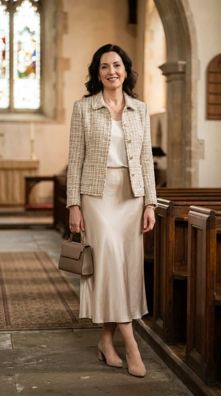 A woman in a tweed jacket and satin midi skirt stands inside a church.