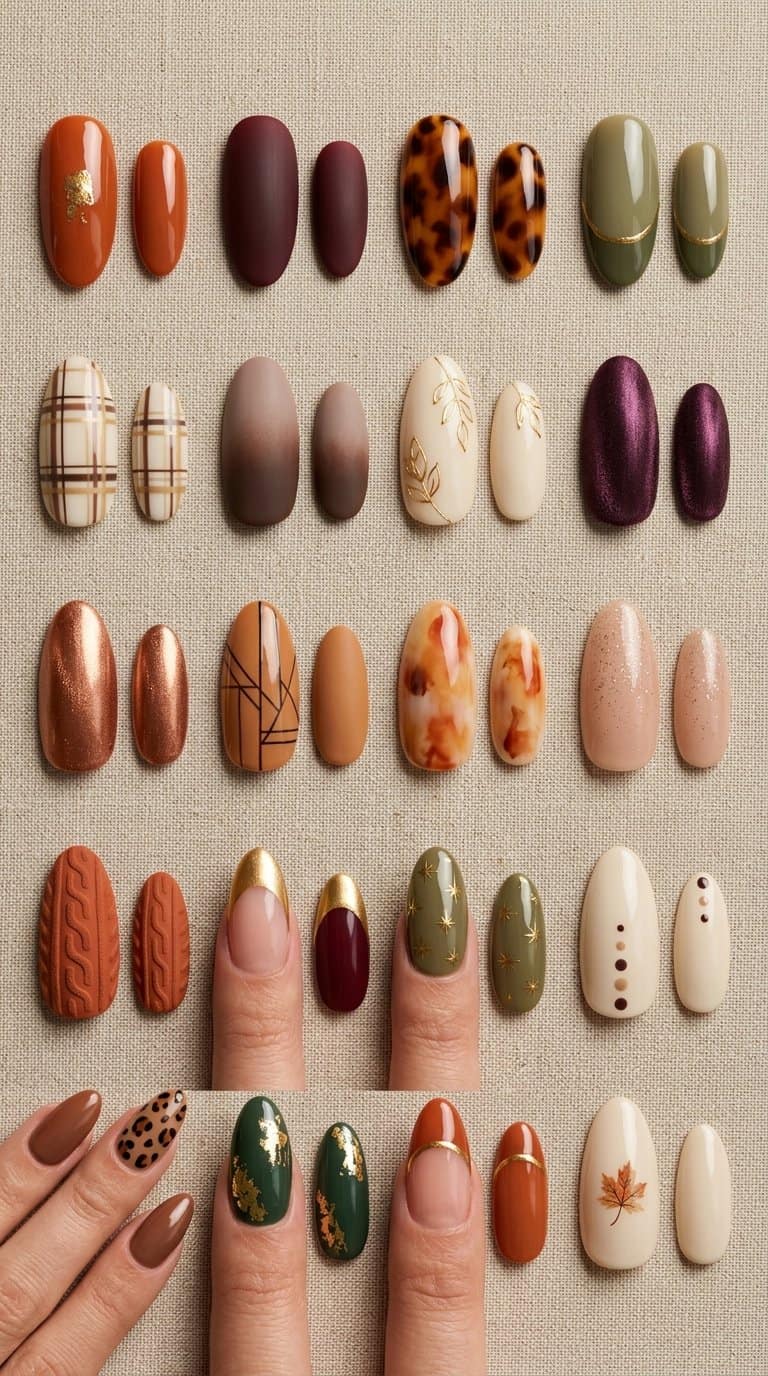 Twenty almond-shaped manicured nail designs in warm autumn colors arranged on a neutral surface.