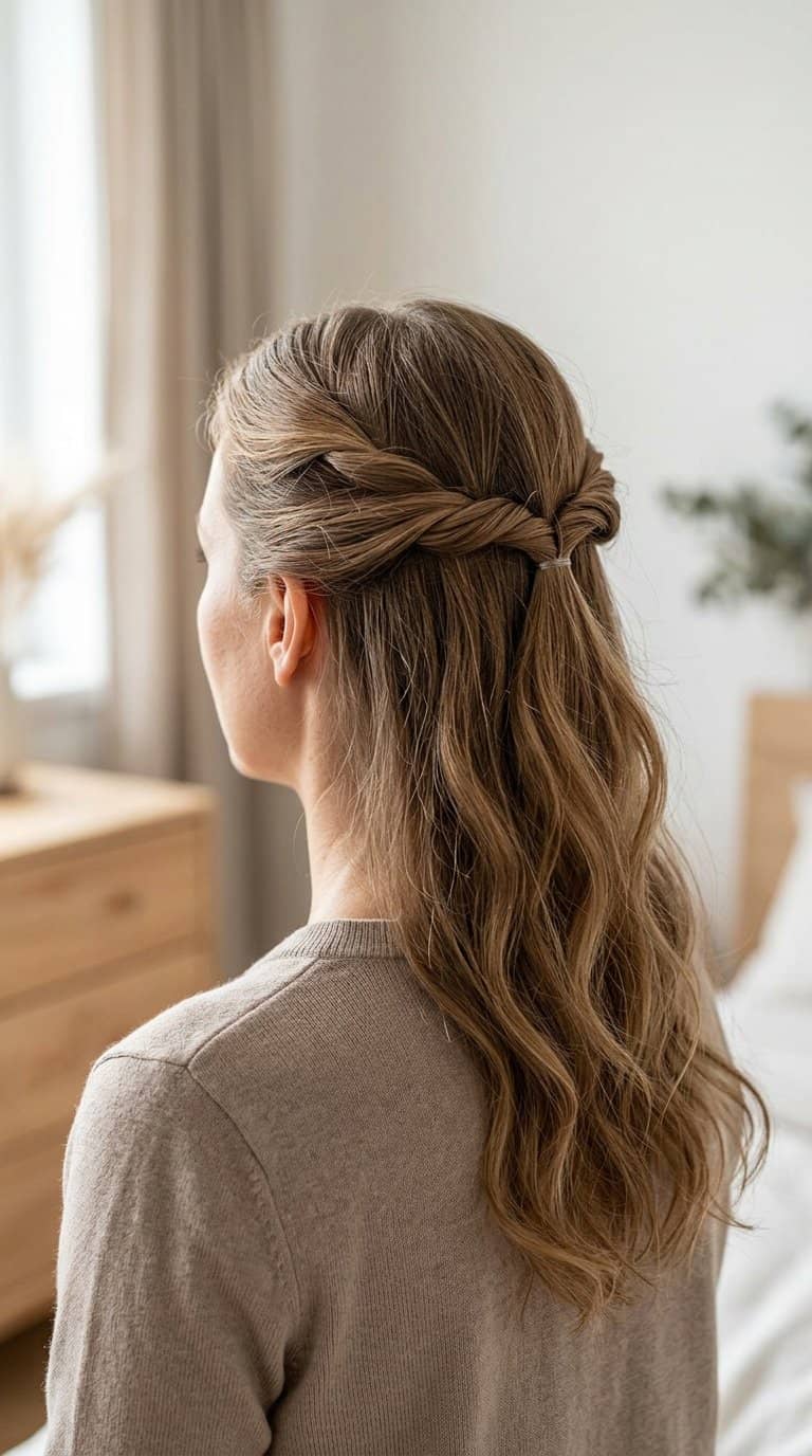 Woman with twisted sections of hair pinned back while the rest falls freely over her shoulders.