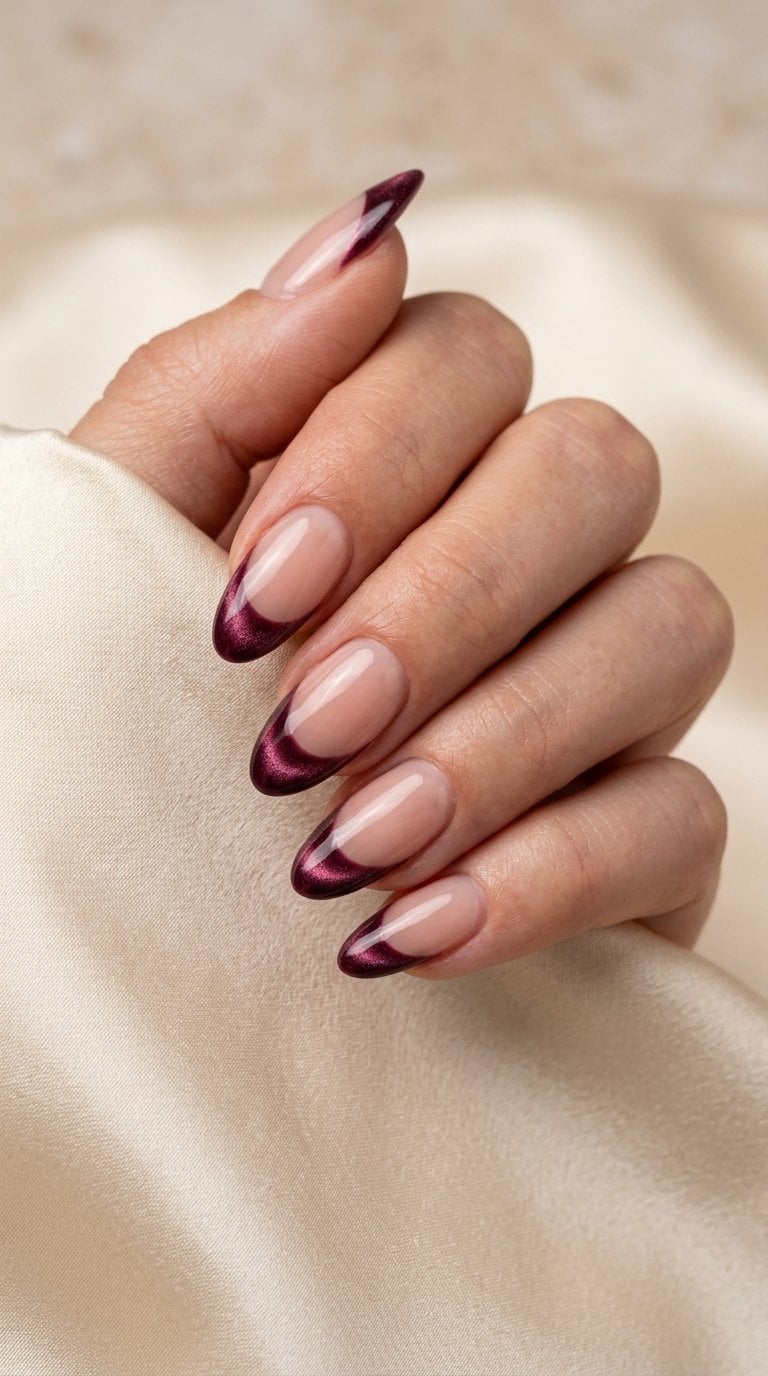 A hand displaying almond-shaped nails with burgundy velvet cat-eye French tips.