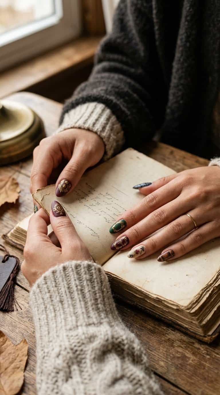 Hands with vintage-inspired dark manicure resting on an open old book beside a knitted sweater.