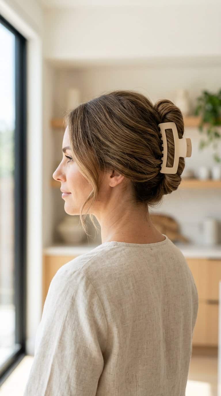 Woman with thick hair styled in a voluminous twist secured with a claw clip.