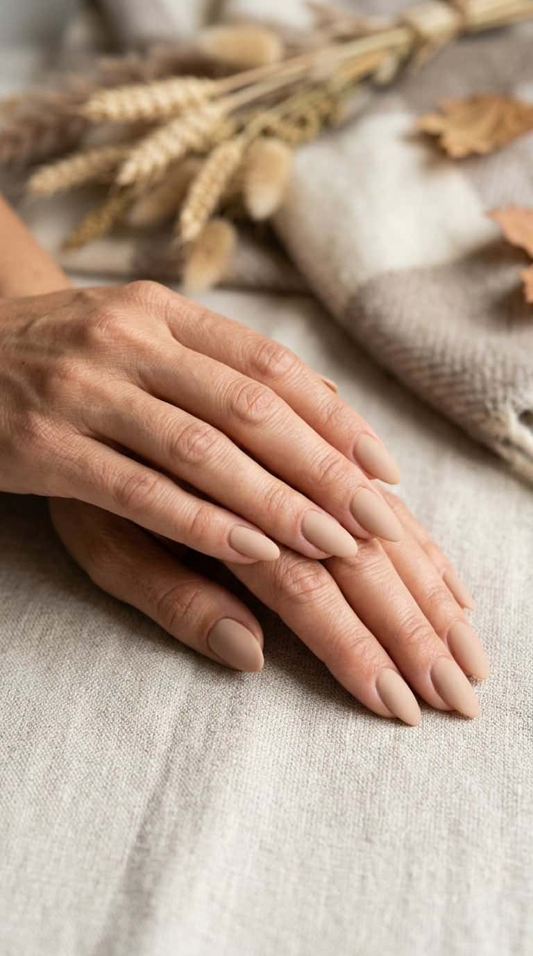 A close-up of hands with warm beige matte almond-shaped nails resting on a neutral surface.