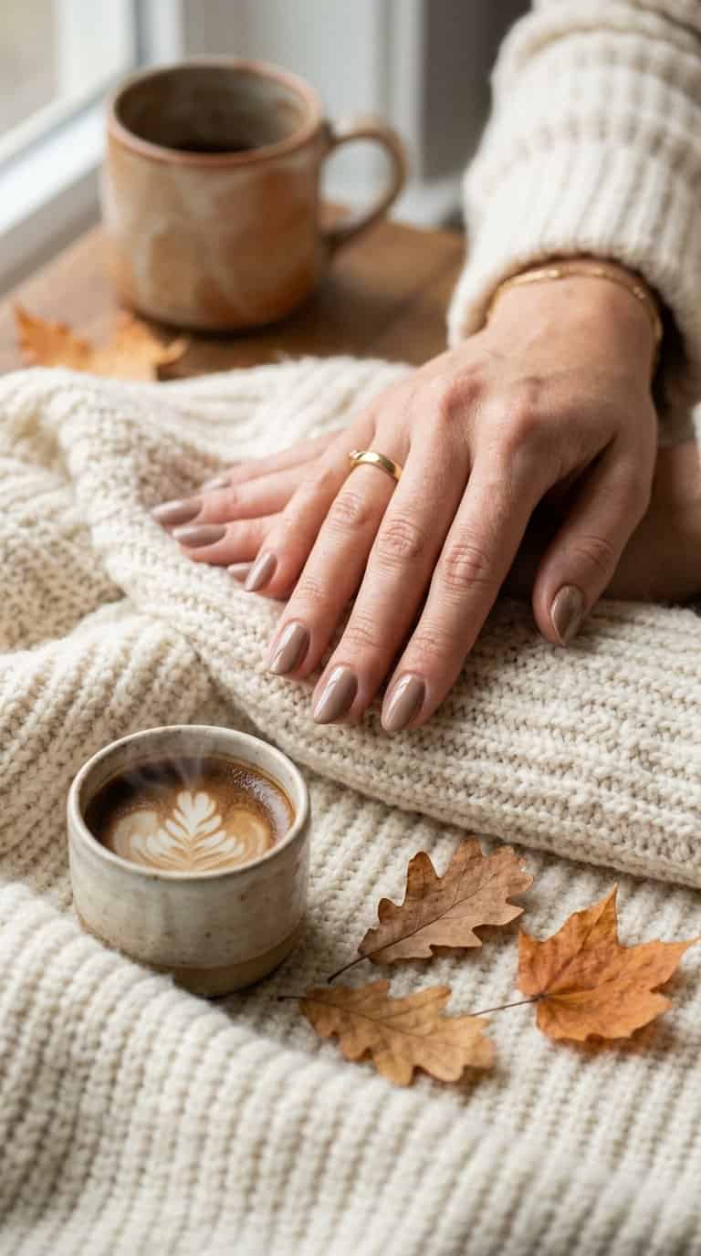 Hands with glossy warm taupe nail polish resting on a cream sweater beside a coffee cup and autumn leaves.