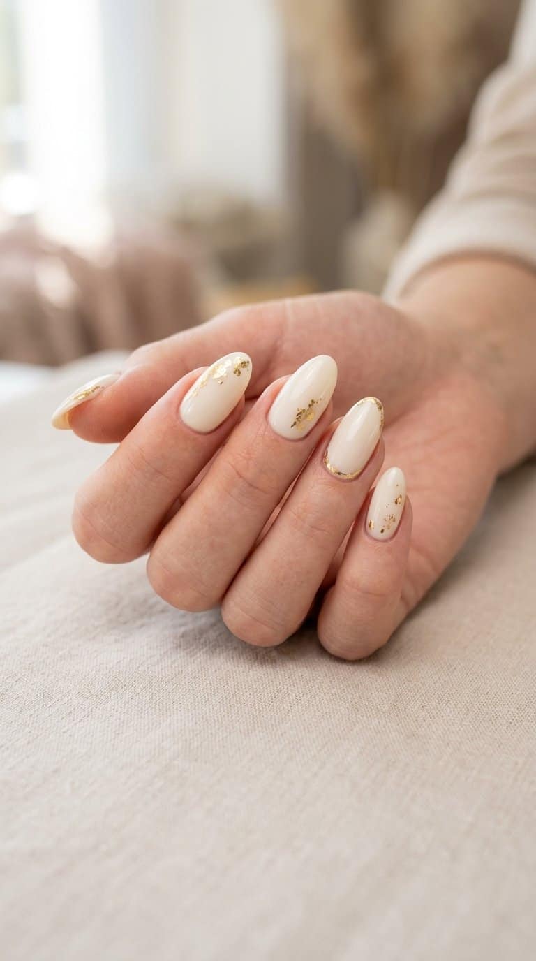 A hand with warm white almond-shaped nails decorated with small gold foil accents.
