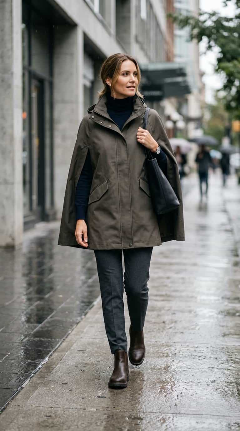 A person wearing a water-resistant cape, slim ankle trousers, and boots walks along a wet city sidewalk.
