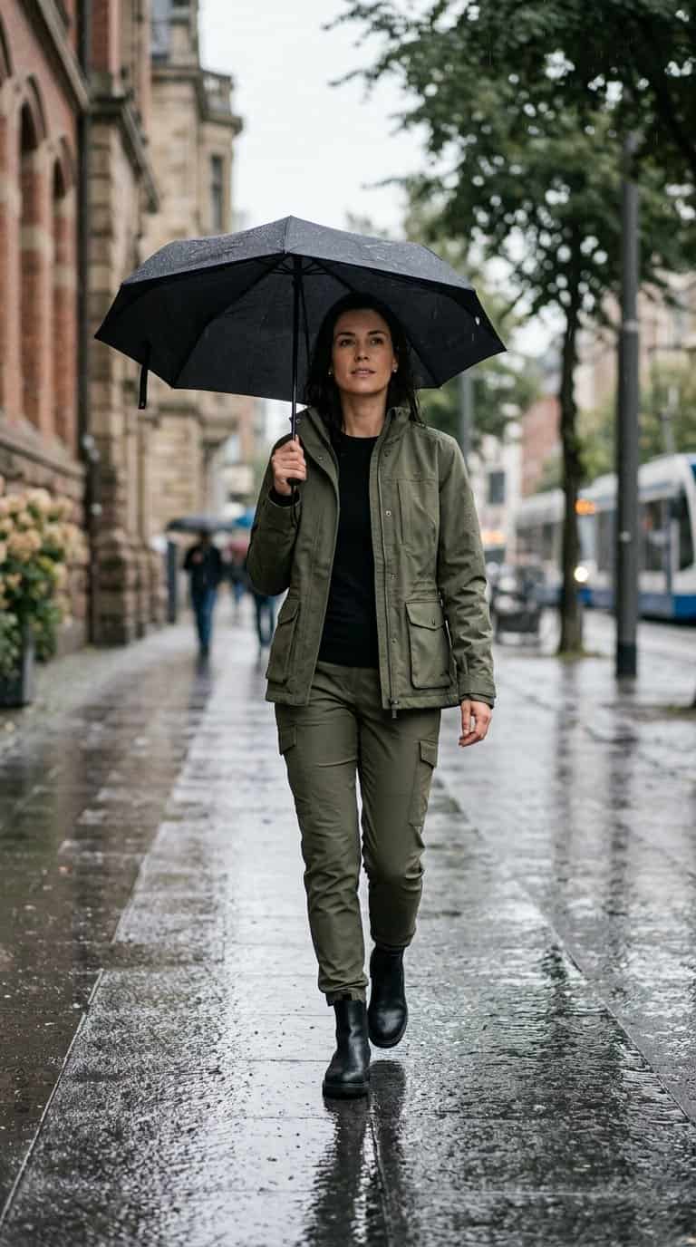 A person in a water-resistant utility jacket and cargo pants walking on a rainy city sidewalk.