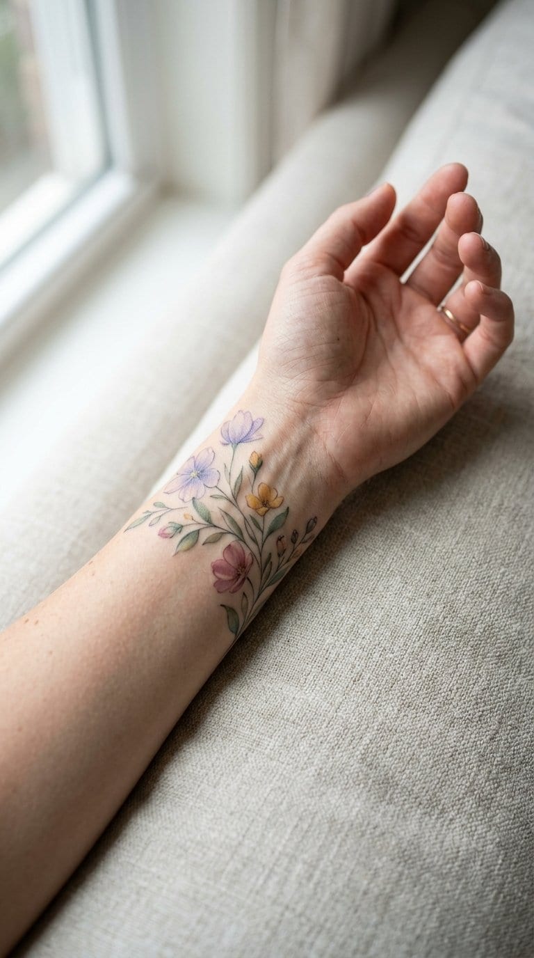 A close-up of a hand and wrist featuring a delicate wildflower tattoo.
