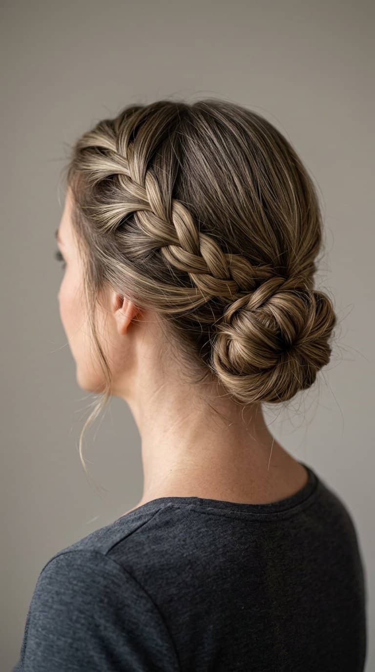 Woman wearing a waterfall braid styled into a low updo.