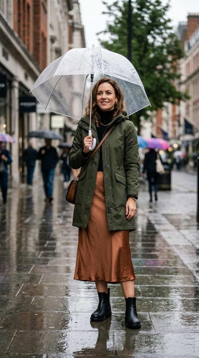 A woman in a waterproof parka and satin midi skirt stands with an umbrella on a rainy city sidewalk.