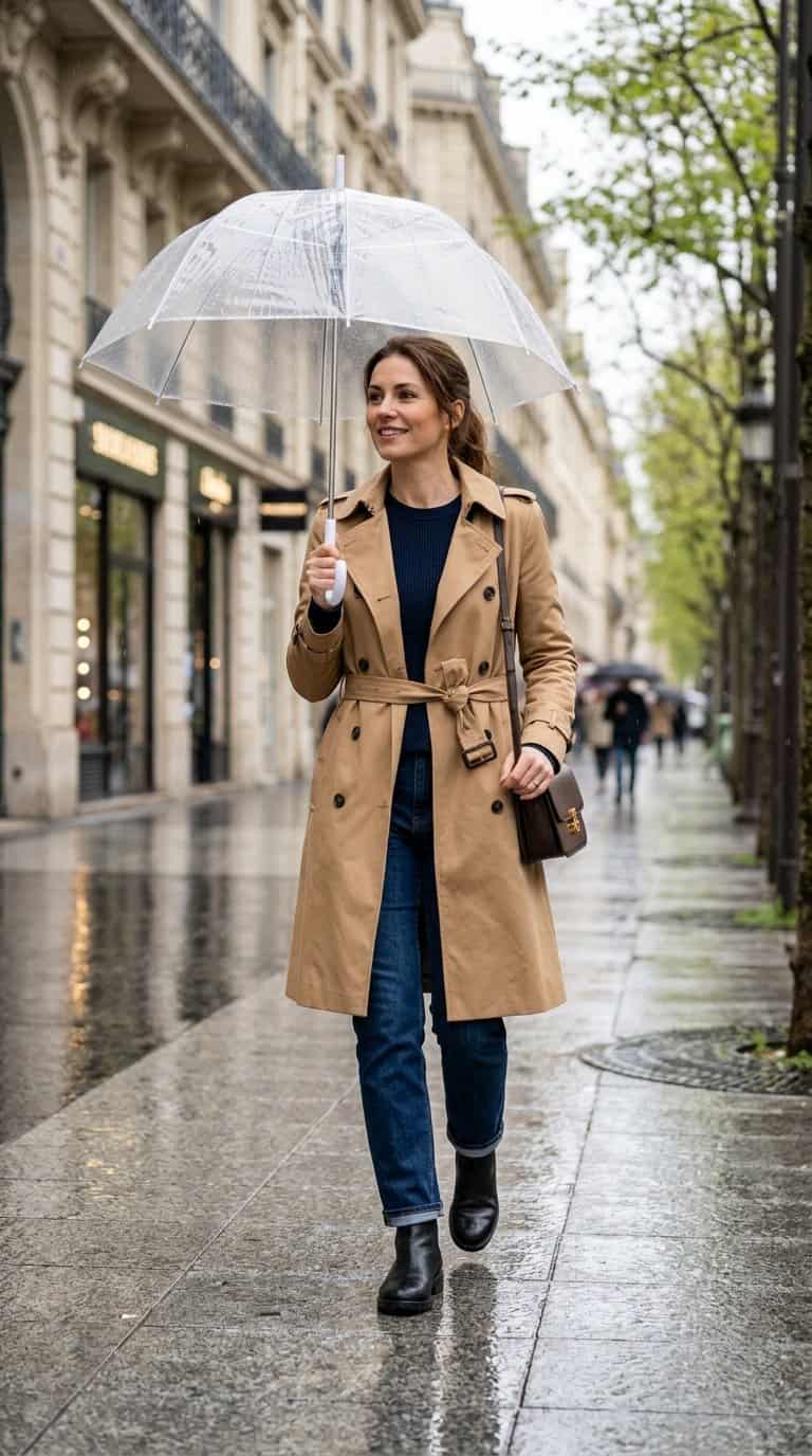 Woman wearing a waterproof trench coat and straight-leg jeans walks along a rainy city sidewalk.