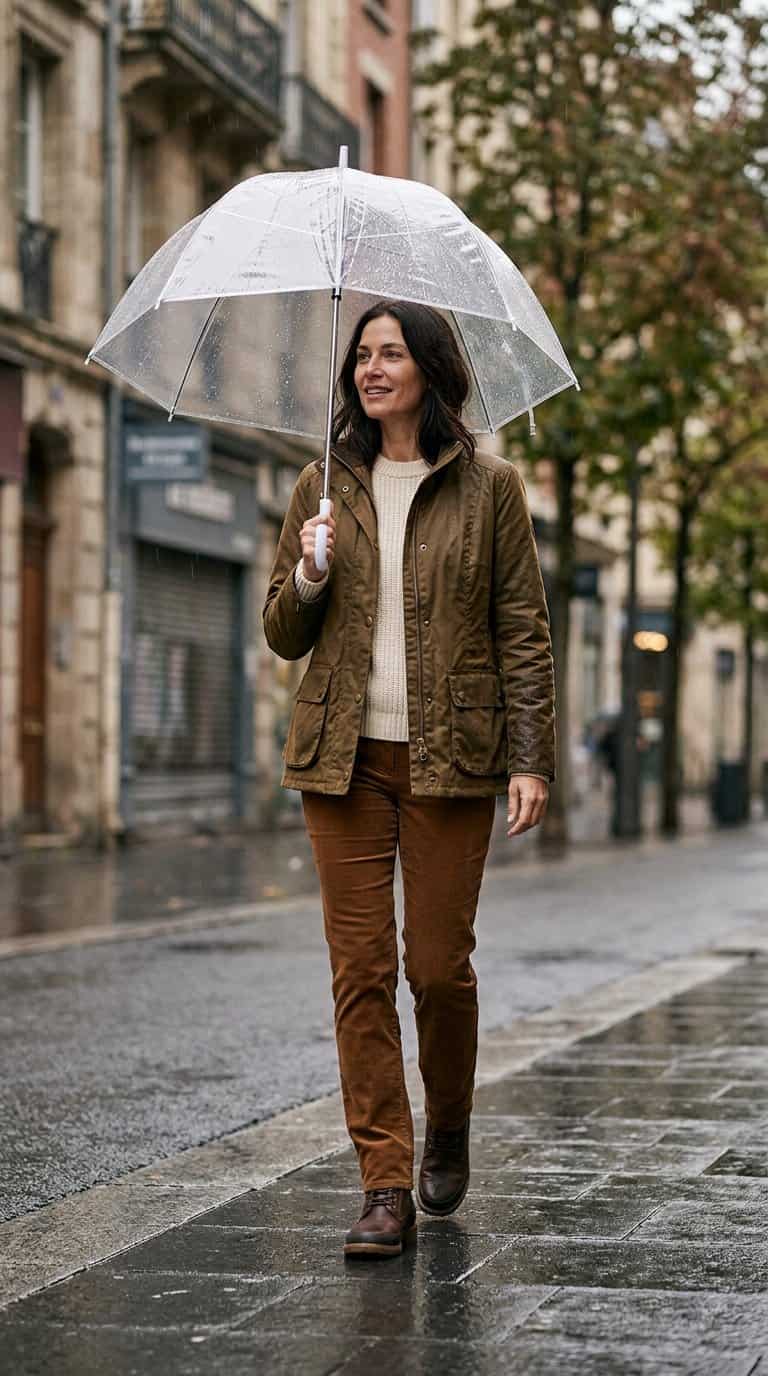 A person in a waxed cotton field jacket and corduroy pants walks with an umbrella on a rainy city sidewalk.