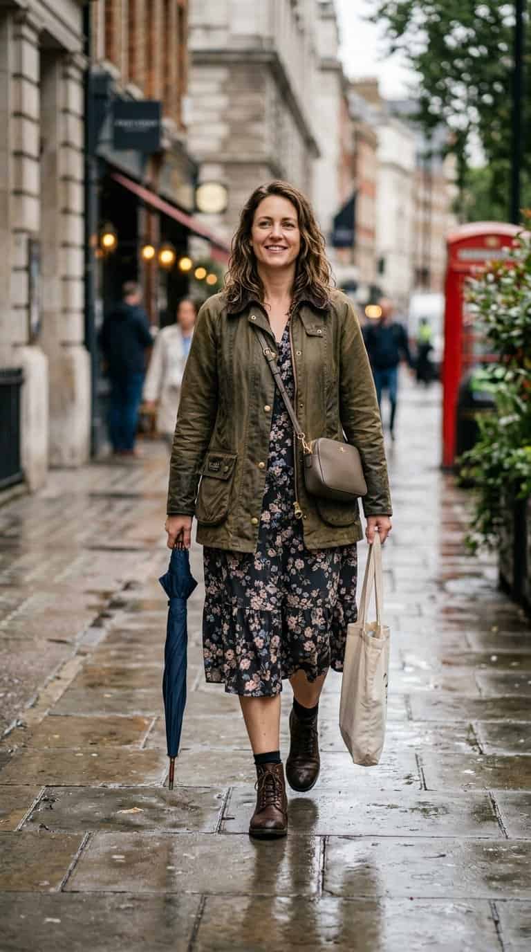 A woman in a waxed jacket and floral midi dress walks along a wet city sidewalk.