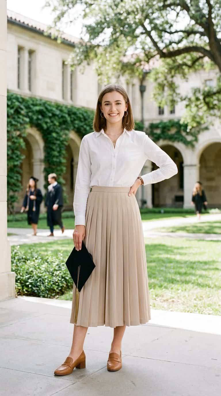A woman wearing a white blouse and pleated midi skirt stands in a university courtyard holding a graduation cap.
