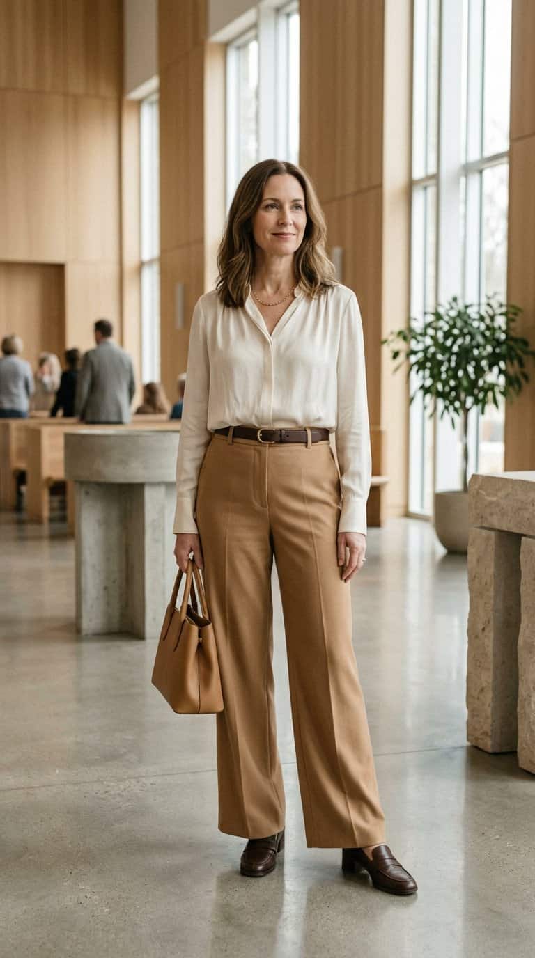 A woman wearing wide-leg trousers and a draped blouse in a bright church interior.