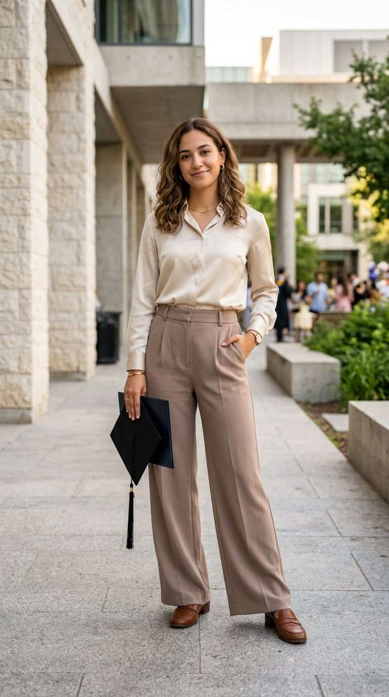 A graduate wearing wide-leg trousers and a tucked-in silk blouse stands in a university courtyard.