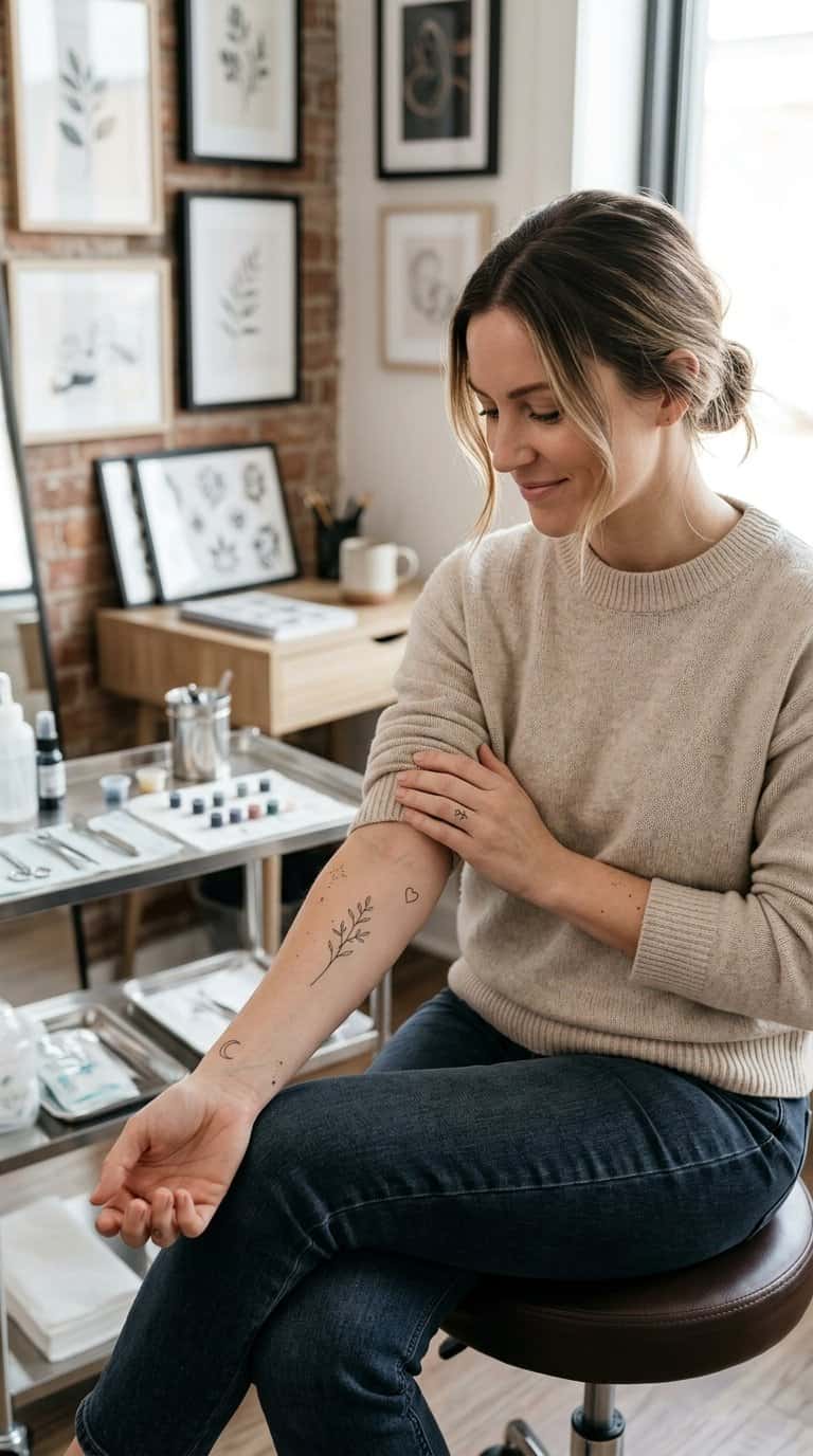 A woman displays several small minimalist tattoos on her arm inside a bright tattoo studio.