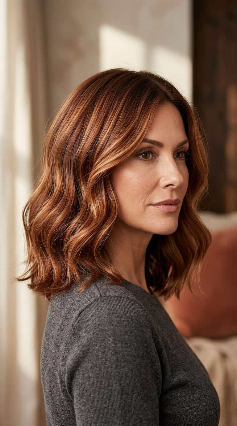 Woman with glossy dimensional copper and brown fall-colored hair styled in soft waves.