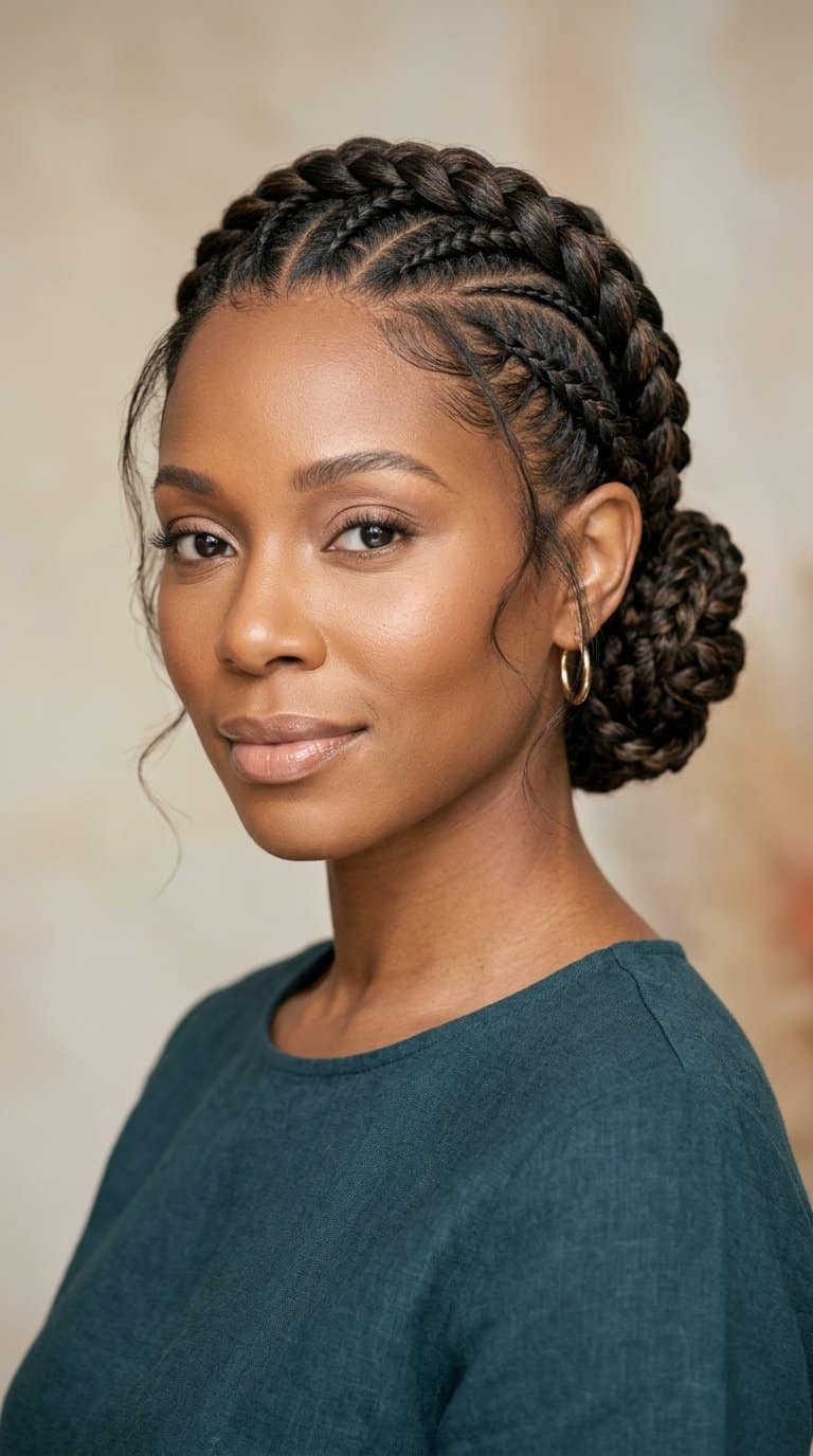 A woman with an intricate braided updo poses against a neutral background.