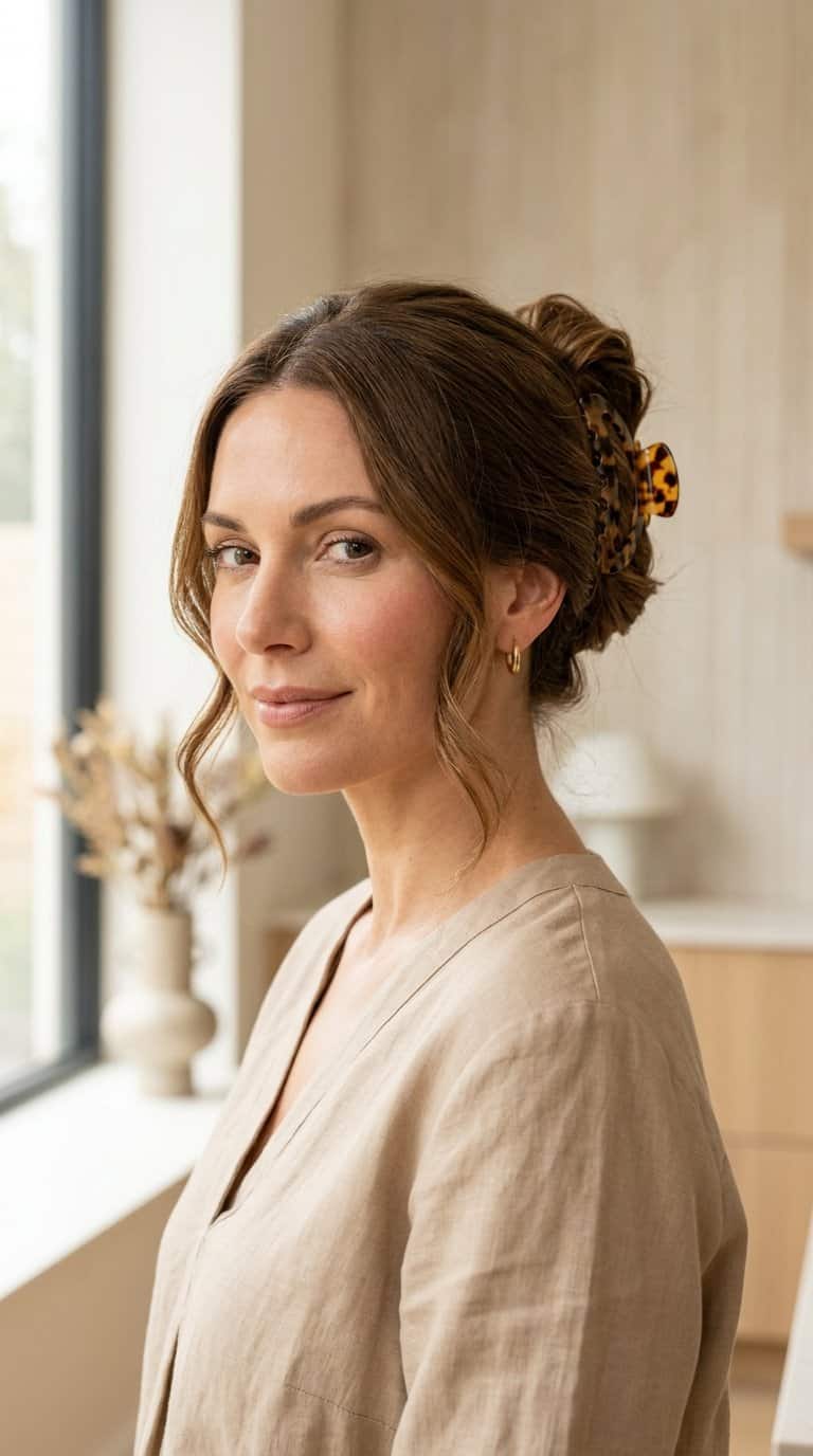 Woman wearing her hair in a relaxed claw-clip updo.