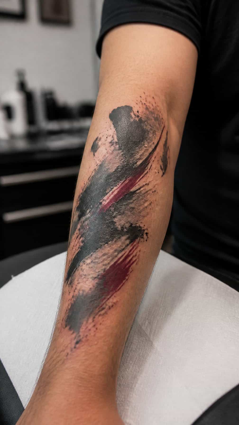 A forearm with an abstract brushstroke tattoo covering an older uneven design.