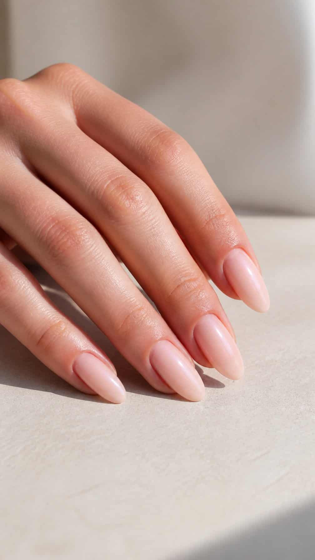 A hand with glossy sheer blush almond-shaped nails resting on a light neutral surface.
