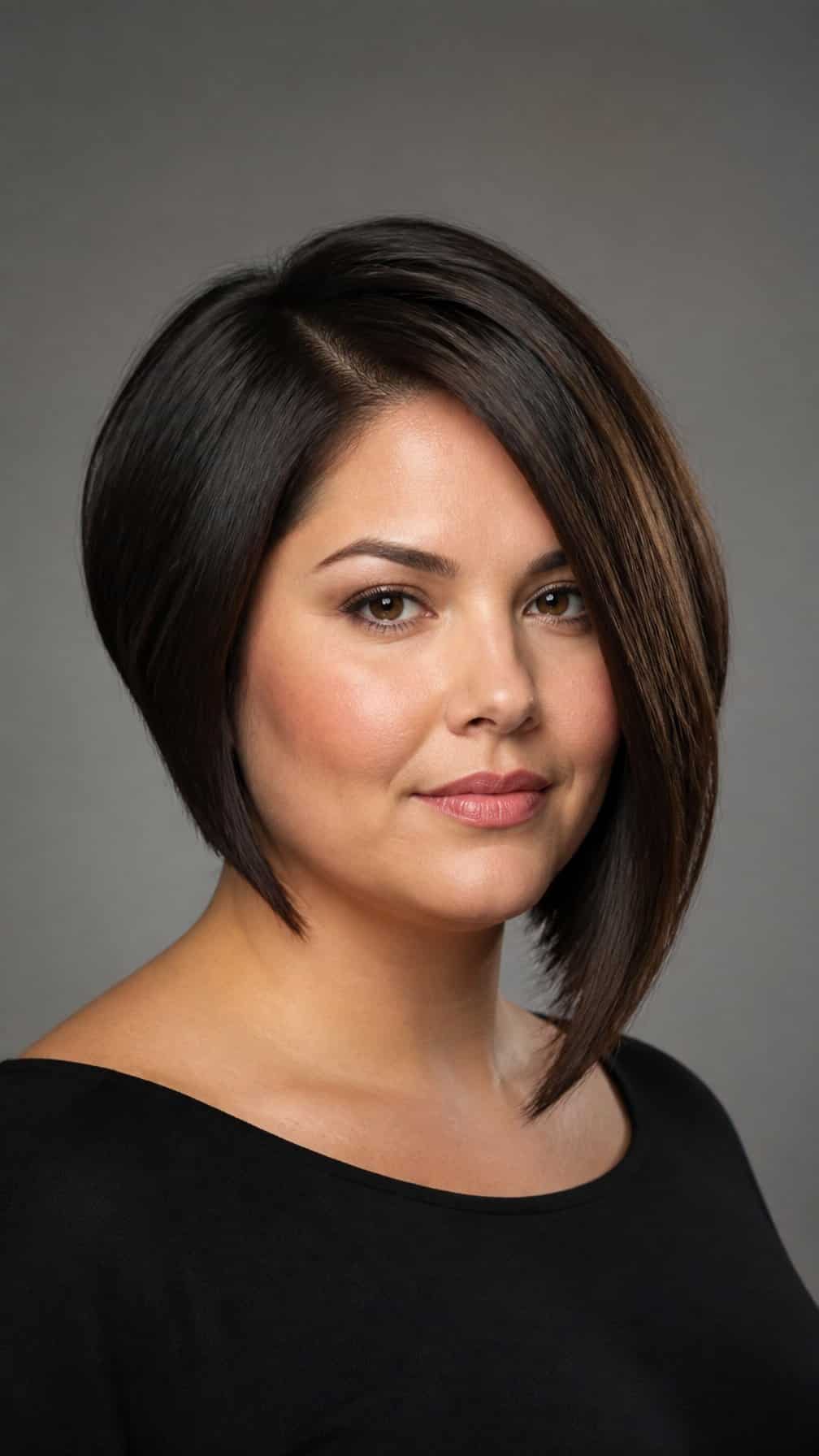 Woman with a round face wearing an asymmetrical bob haircut.