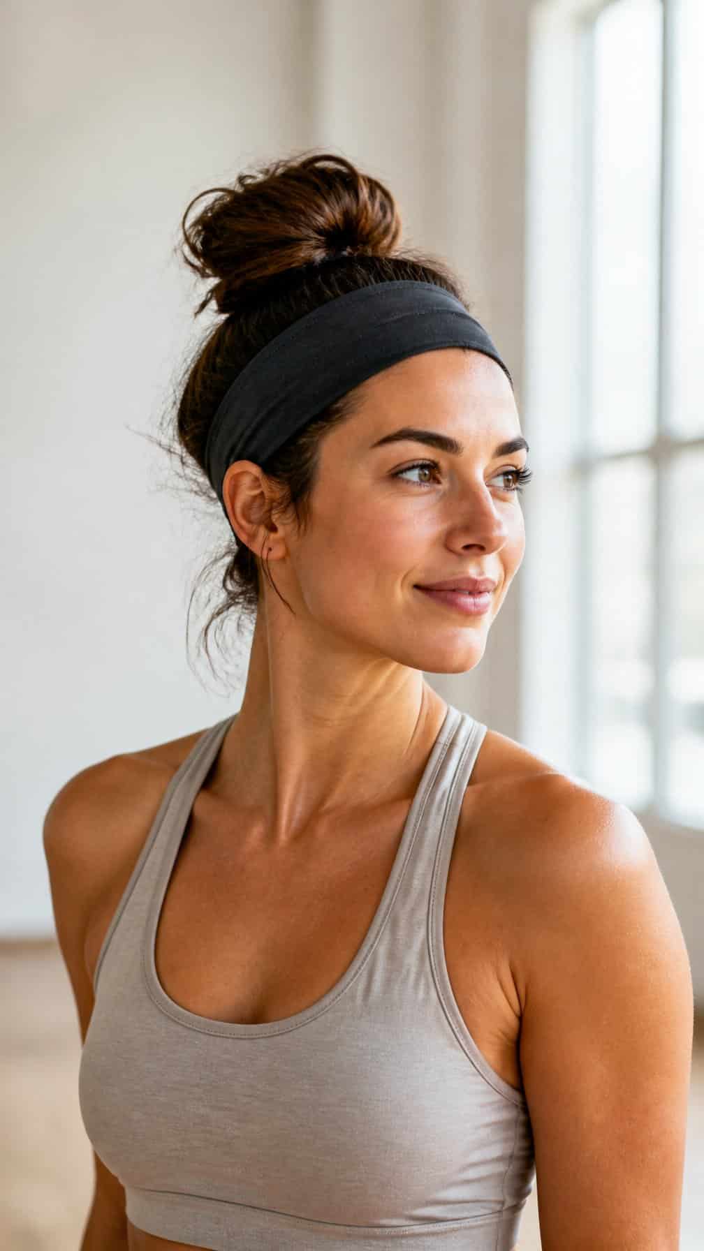 Woman wearing an athletic headband with her hair in a high messy bun.