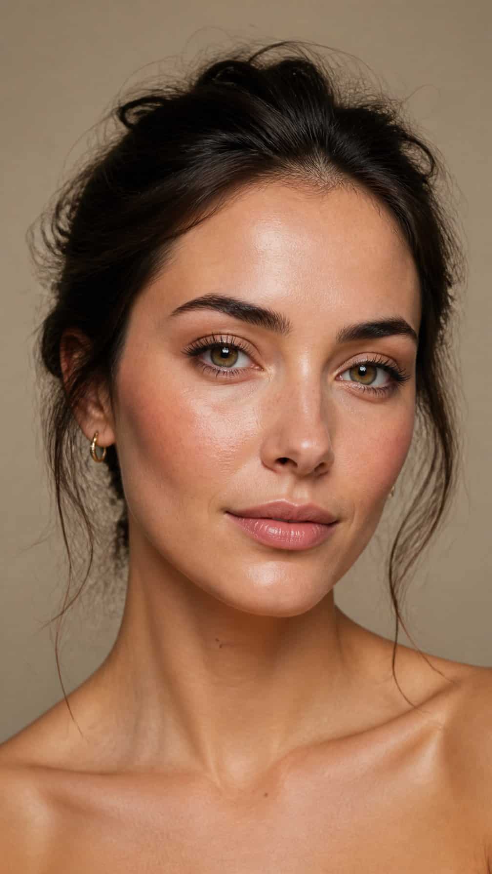 Portrait of a woman with natural makeup and neatly defined eyebrows.